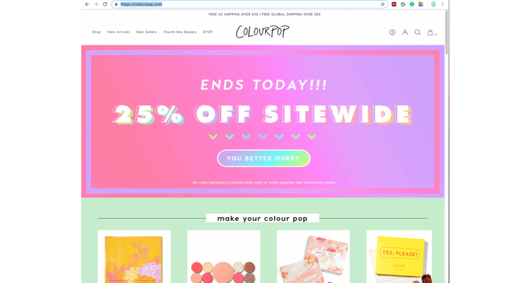 Colourpop 全場7.5折促銷